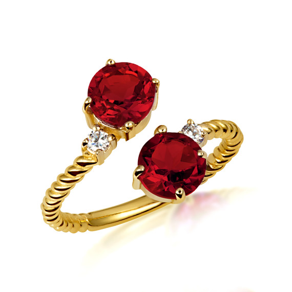 Gold Round Double Garnet Gemstone Wrap Around Roped Band Ring