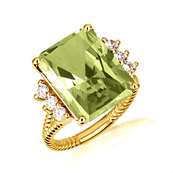 Gold Emerald Cut Peridot Gemstone Roped Band Ring