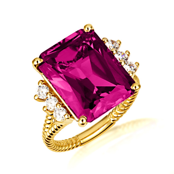 Gold Emerald Cut Ruby Gemstone Roped Band Ring
