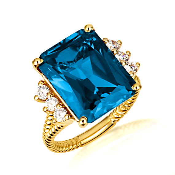 Gold Emerald Cut Blue Topaz Gemstone Roped Band Ring