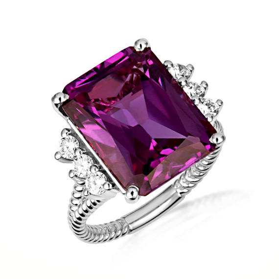 .925 Sterling Silver Emerald Cut Amethyst Gemstone Roped Band Ring