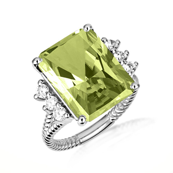 .925 Sterling Silver Emerald Cut Peridot Gemstone Roped Band Ring