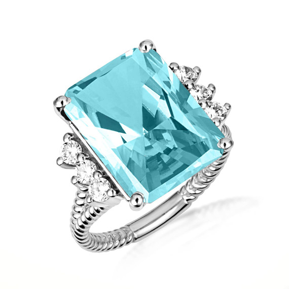 .925 Sterling Silver Emerald Cut Aqua Gemstone Roped Band Ring