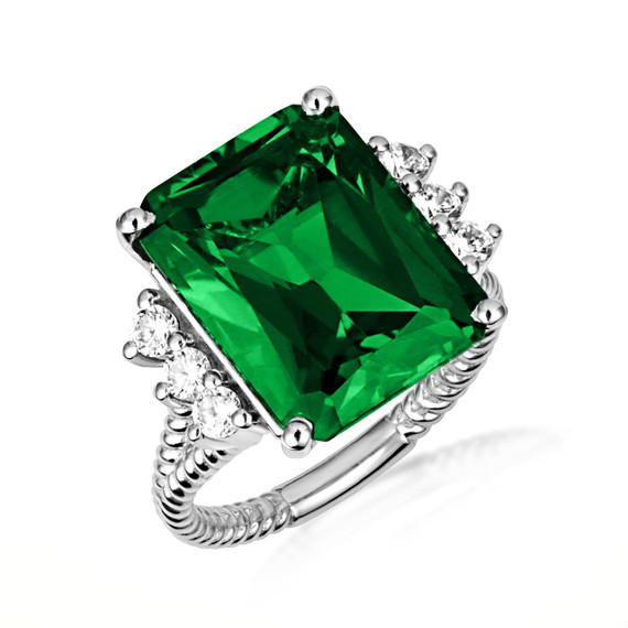 .925 Sterling Silver Emerald Cut Emerald Gemstone Roped Band Ring