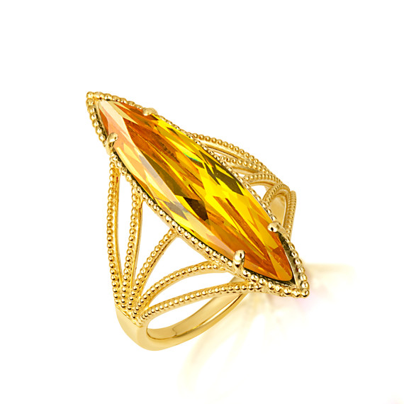 Gold Marquise Cut Citrine Gemstone Roped Band Ring