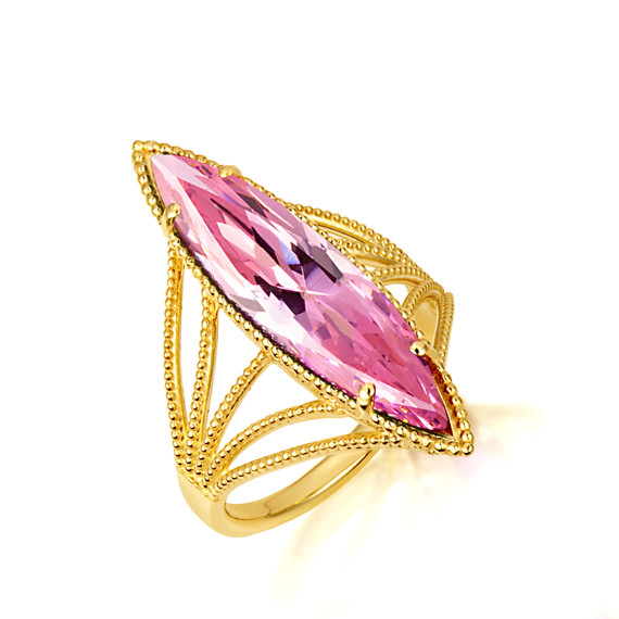 Gold Marquise Cut Pink Gemstone Roped Band Ring