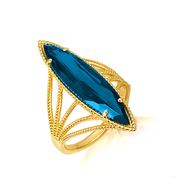 Gold Marquise Cut Blue Topaz Gemstone Roped Band Ring