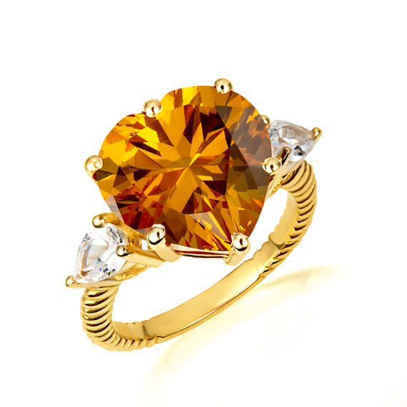 Gold Heart Citrine Gemstone Roped Band Ring