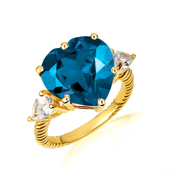 Gold Heart Blue Topaz Gemstone Roped Band Ring