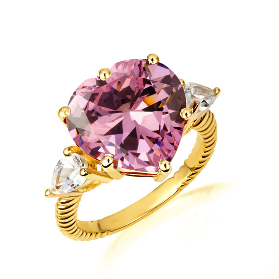 Gold Heart Pink Gemstone Roped Band Ring