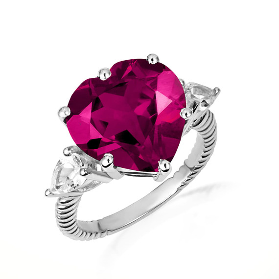.925 Sterling Silver Heart Ruby Gemstone Roped Band Ring