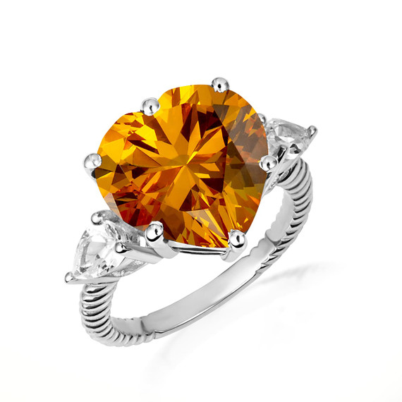 .925 Sterling Silver Heart Citrine Gemstone Roped Band Ring