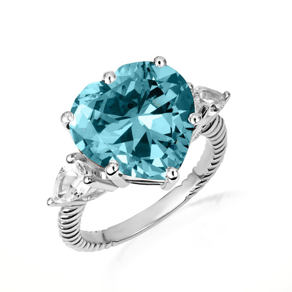 .925 Sterling Silver Heart Aqua Gemstone Roped Band Ring