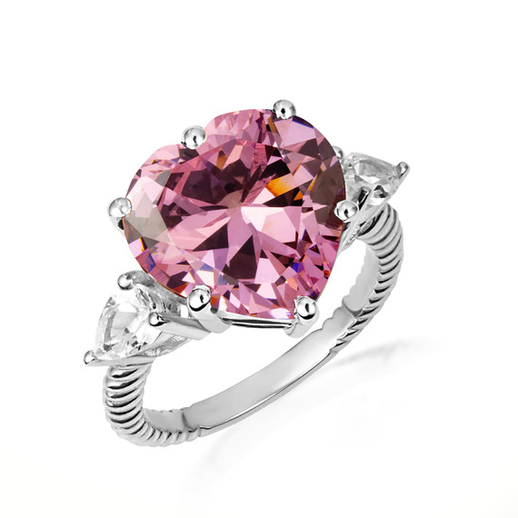 .925 Sterling Silver Heart Pink Gemstone Roped Band Ring
