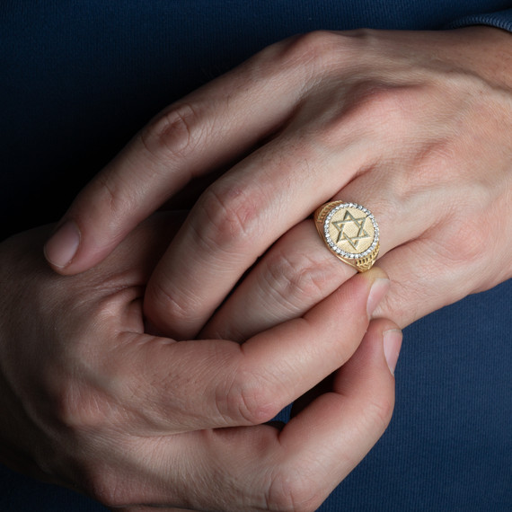 Gold Diamond Studded Jewish Star Of David Hebrew Menorah Signet Ring on male model