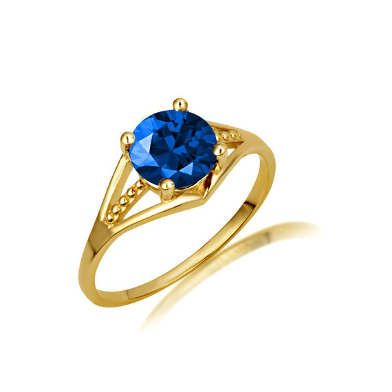 Gold Round Beaded Sapphire Cubic Zirconia Birthstone Ring