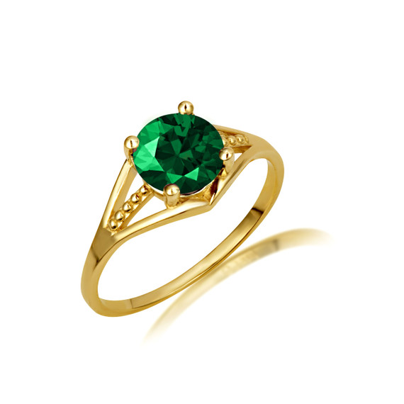 Gold Round Beaded Emerald Cubic Zirconia Birthstone Ring