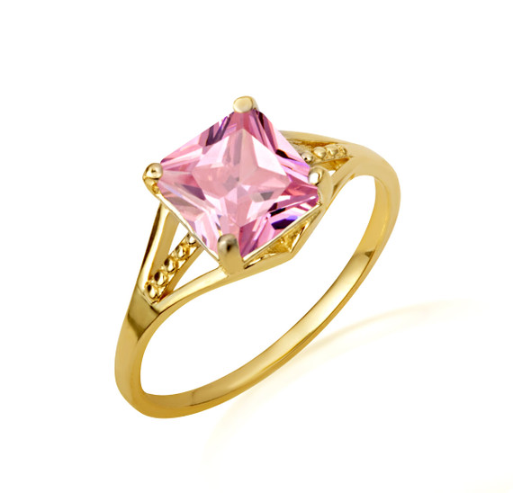 Gold Square Beaded Pink Cubic Zirconia Birthstone Ring