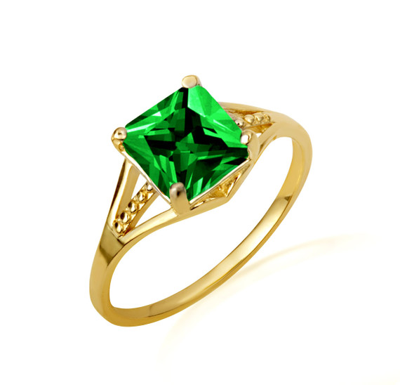 Gold Square Beaded Emerald Cubic Zirconia Birthstone Ring