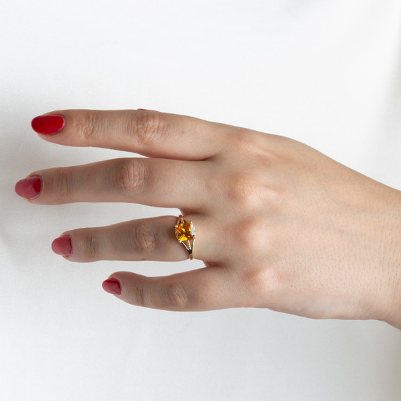 Gold Square Beaded Birthstone Ring on female model