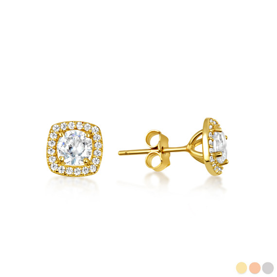 Gold Lab Grown 1ct Diamond Square Halo Solitaire Stud Earrings