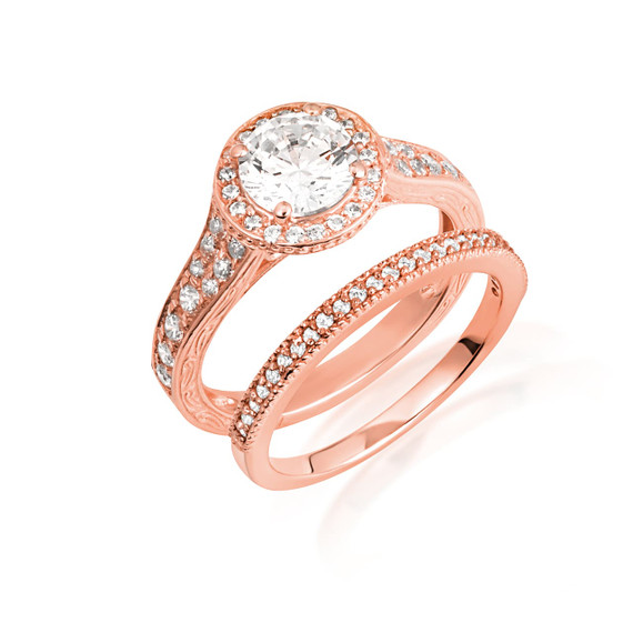 14K Rose Gold Lab Grown Diamond Halo Wedding Band Ring Set