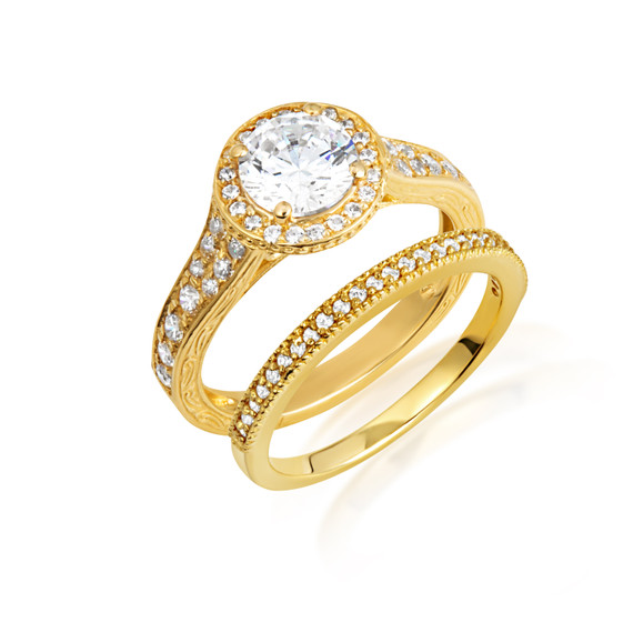 14K Gold Lab Grown Diamond Halo Wedding Band Ring Set