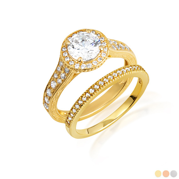 14K Gold Lab Grown Diamond Halo Wedding Band Ring Set
