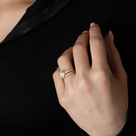 14K Gold Lab Grown Diamond Halo Wedding Band Ring Set on female model