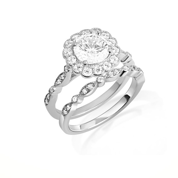 14K White Gold Lab Grown Diamond Halo Engagement Band Ring Set