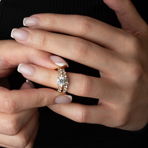 14K Gold Lab Grown Diamond Engagement Band Ring Set on female model