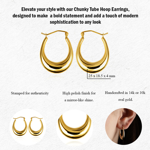Yellow Gold Flat Wide Hoop Earrings with measurements