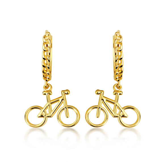 Yellow Gold Bicycle Cuban Link Huggie Hoop Earrings
