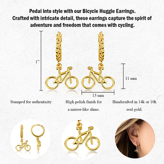 Yellow Gold Bicycle Cuban Link Huggie Hoop Earrings with measurements