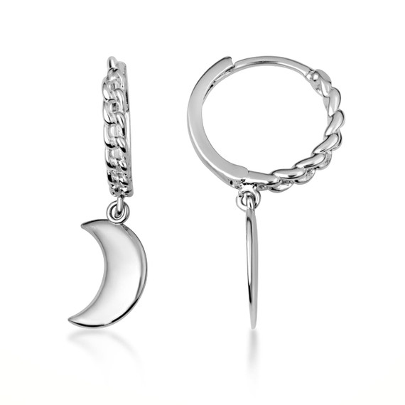 .925 Sterling Silver Crescent Moon Cuban Link Huggie Earrings front and side view