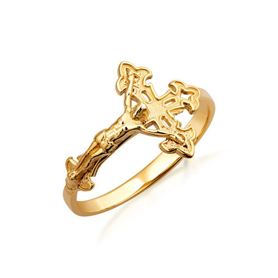 14K Gold Diamond Cut Crucifix Ring