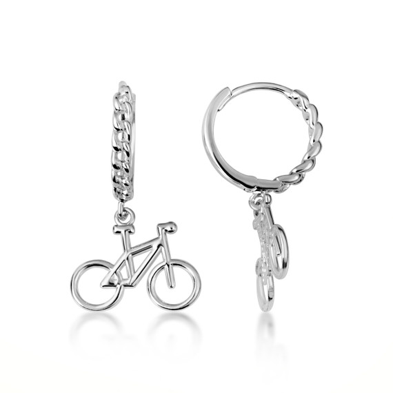 .925 Sterling Silver Bicycle Cuban Link Huggie Hoop Earrings front and side view