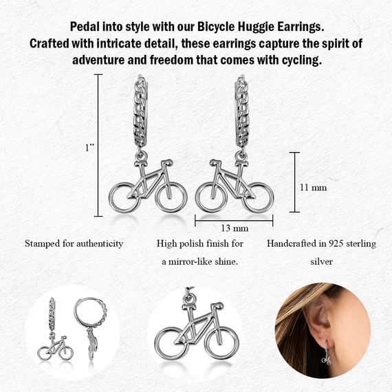 .925 Sterling Silver Bicycle Cuban Link Huggie Hoop Earrings with measurements