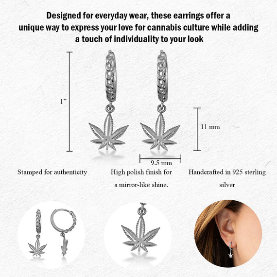 .925 Sterling Silver Marijuana Leaf Cannabis Cuban Link Huggie Hoop Earrings with measurements