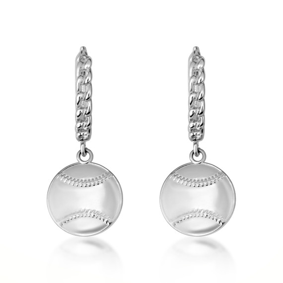 .925 Sterling Silver Baseball Sports Cuban Link Huggie Earrings