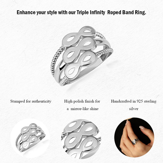 .925 Sterling Silver Triple Infinity Roped Band Ring with measurements