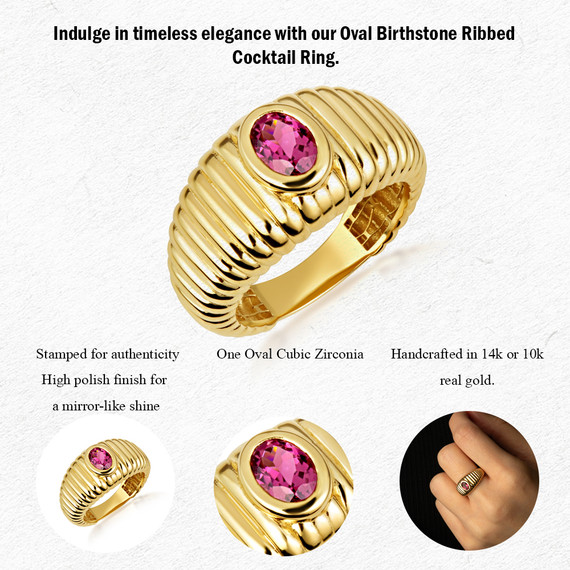 Yellow Gold Oval Ruby Birthstone Ribbed Cocktail Ring with measurements