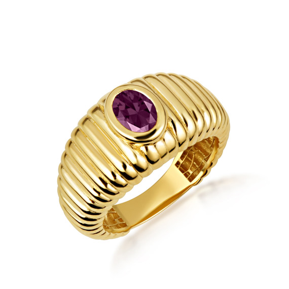 Yellow Gold Oval Amethyst Birthstone Ribbed Cocktail Ring
