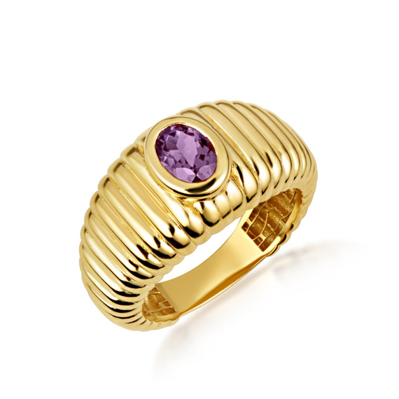 Yellow Gold Oval Alexandrite Birthstone Ribbed Cocktail Ring