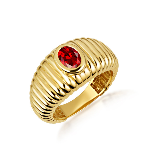 Yellow Gold Oval Garnet Birthstone Ribbed Cocktail Ring