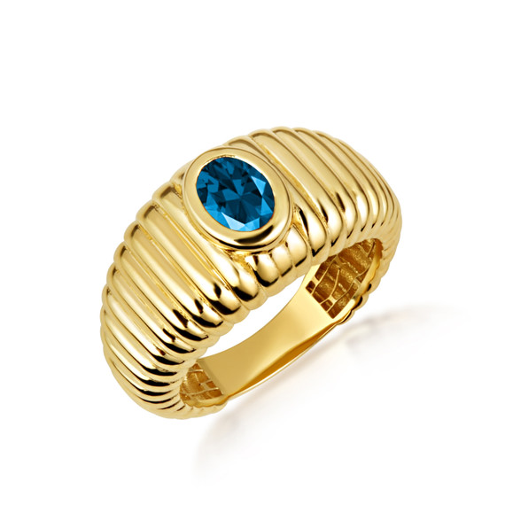 Gold Oval Blue Topaz Birthstone Ribbed Cocktail Ring