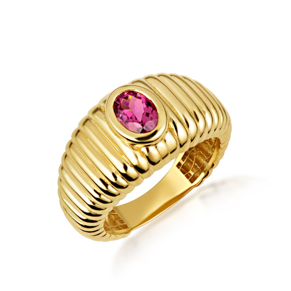 Yellow Gold Oval Ruby Birthstone Ribbed Cocktail Ring