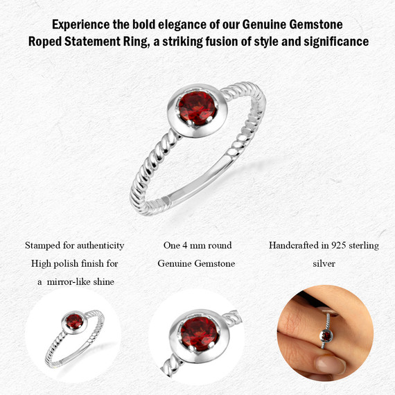 Silver Stackable Custom Garnet Birthstone Ring with measurements