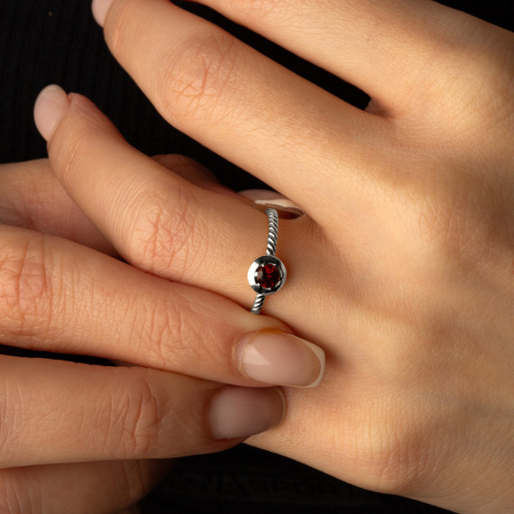 Silver Stackable Custom Garnet Birthstone Ring on female model