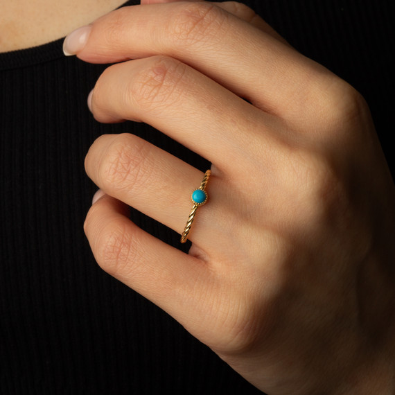 Gold Genuine Turquoise Gemstone Roped Statement Ring on female model